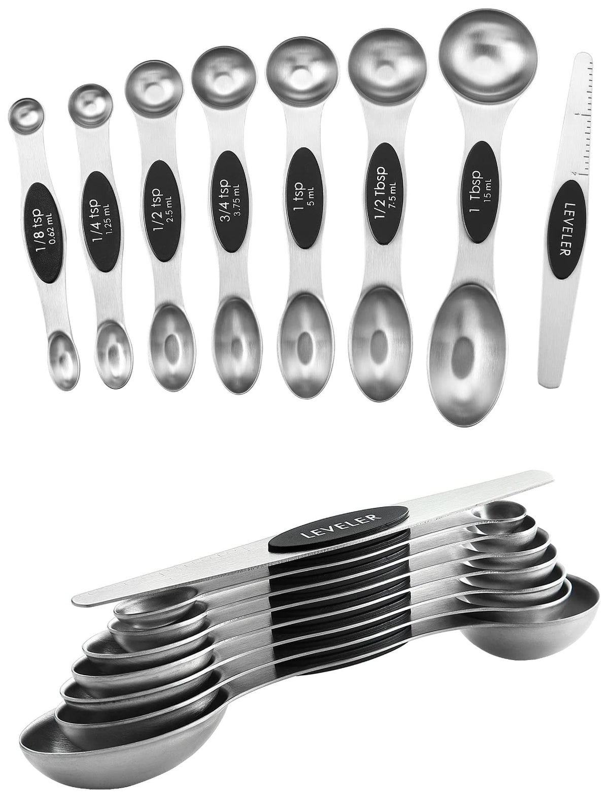 Spring Chef Stainless Steel Magnetic Measuring Spoons Set of 8, Black
