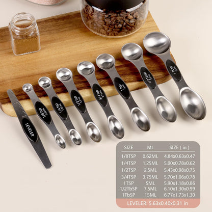 ChefAide Set of 8 Magnetic Measuring Spoons, Stainless Steel, Dual Sided