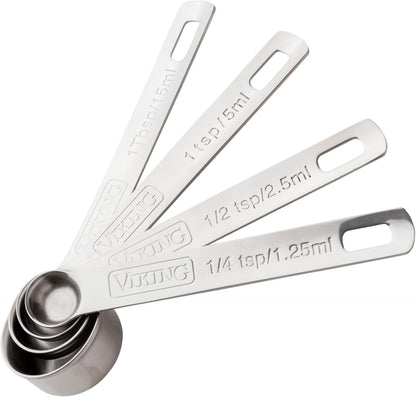 Viking 4-Piece Stainless Steel Measuring Spoons Set, 304 Stainless Steel, Nesting Design with Removable Ring, Dishwasher Safe
