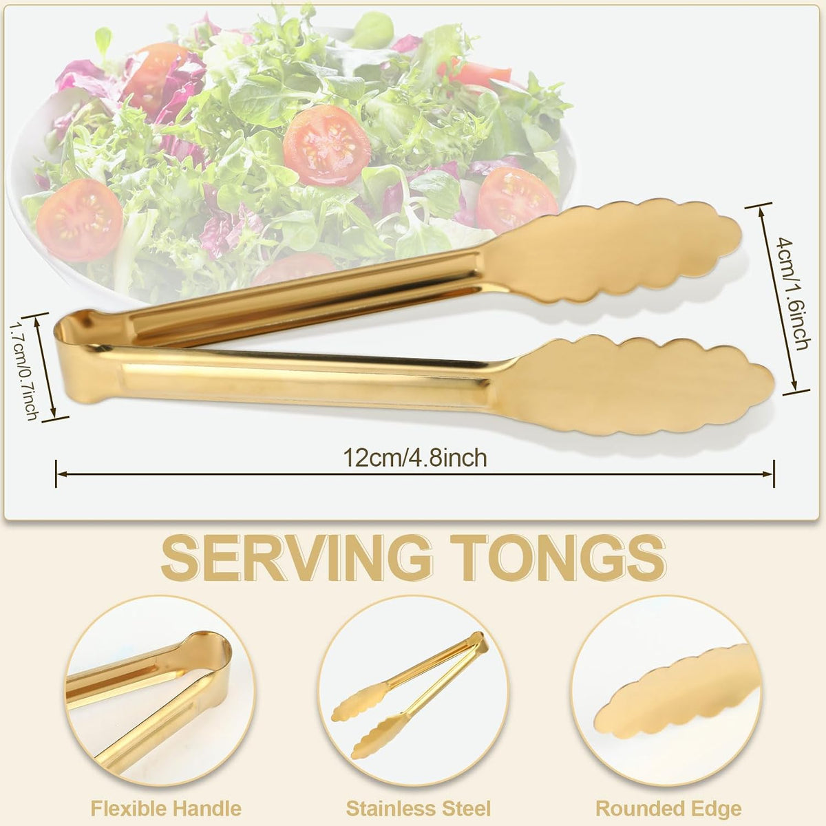 4 Pack Gold Tongs for Serving Food, 9 Inch Serving Tongs for Buffet, Party Salad Tongs for Stainless Steel Utensils, Metal Kitchen Tong for Steak, Appetizer, Snack and Small Food