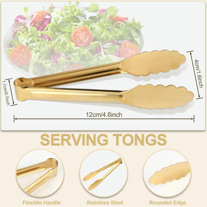 4 Pack Gold Tongs for Serving Food, 9 Inch Serving Tongs for Buffet, Party Salad Tongs for Stainless Steel Utensils, Metal Kitchen Tong for Steak, Appetizer, Snack and Small Food