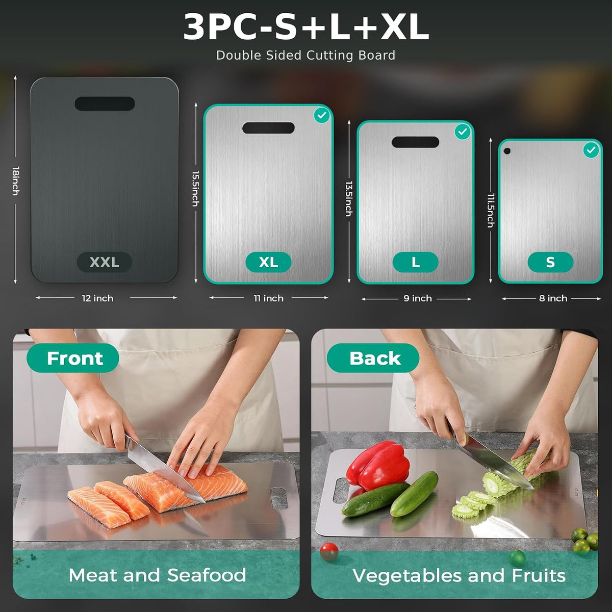 Katori Titanium Cutting Board - Upgraded 100% Pure Titanium Cutting Boards for Kitchen Non Toxic, Double Sided Food Grade Hygiene Non Moldy Dishwasher Safe Meat Fruit Metal Board (3PC S+L+XL)
