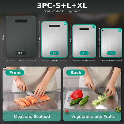 Katori Titanium Cutting Board - Upgraded 100% Pure Titanium Cutting Boards for Kitchen Non Toxic, Double Sided Food Grade Hygiene Non Moldy Dishwasher Safe Meat Fruit Metal Board (3PC S+L+XL)