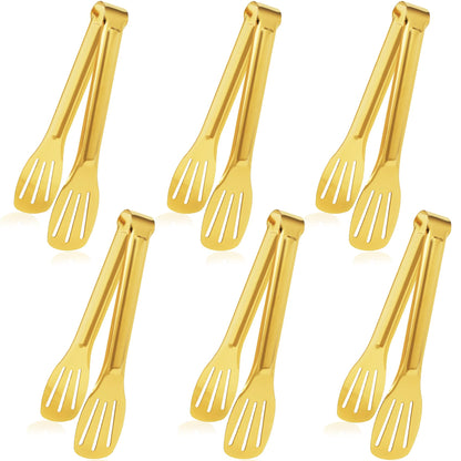JCREN 12 Pcs Serving Tongs, Small Serving Utensils for Parties Catering Gold Tongs, Small Stainless Steel Mini Appetizer Tongs for Tea Party Coffee Bar, 4 Inches - Gold