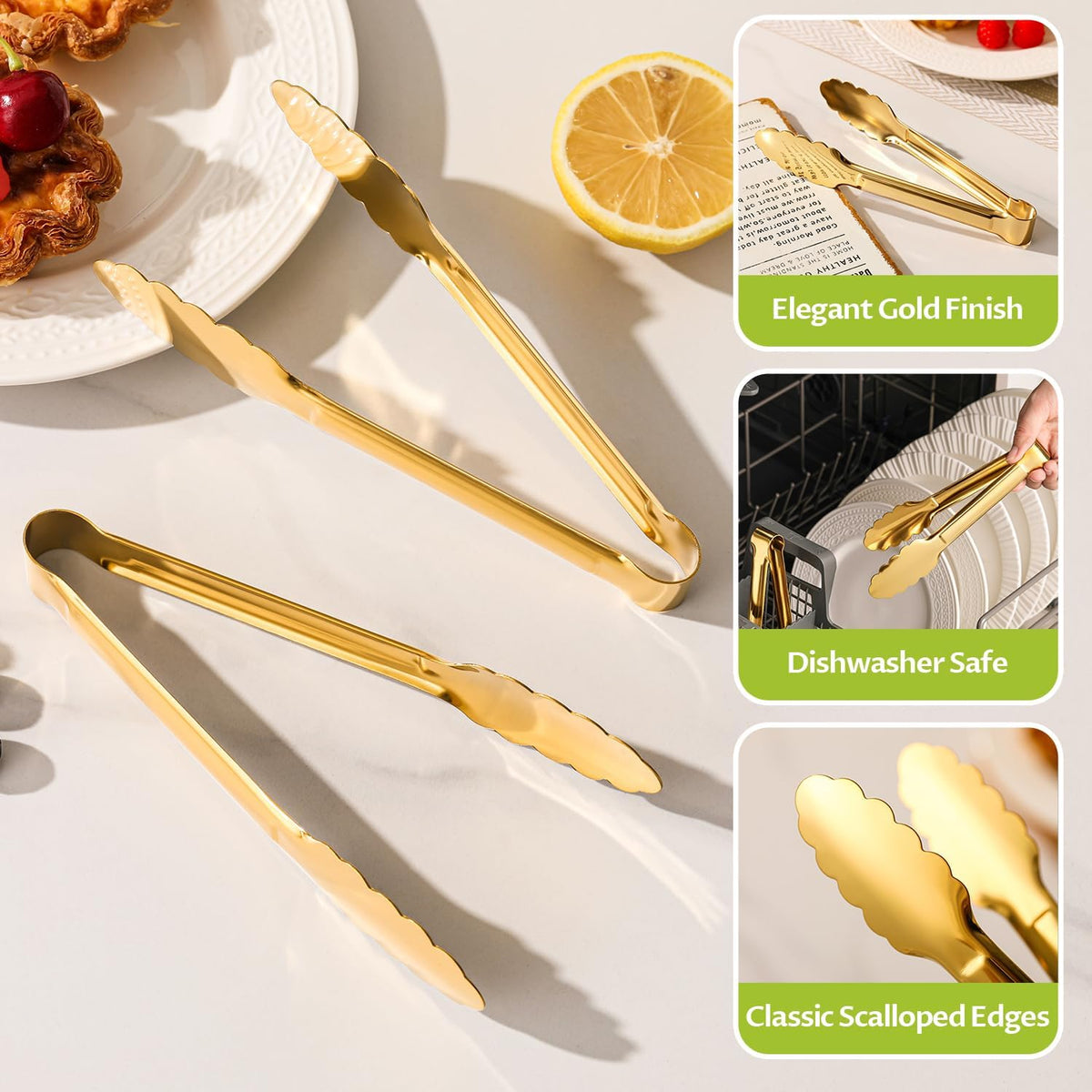 Gold Serving Tongs, 6-Pack 7-Inch Stainless Steel Buffet Tongs