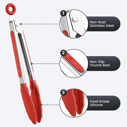 6PCS 7-Inch Silicone Tongs Set, Stainless Steel Tongs with Silicone Tips