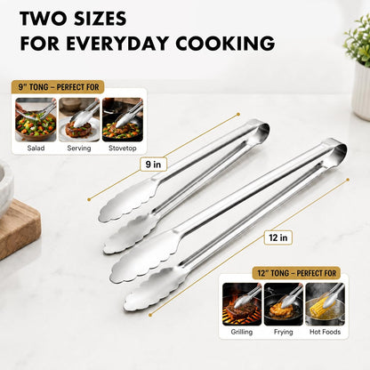 OYV Seamless Tongs for Cooking, One-Piece Design, Durable Heat Resistant Stainless Steel Tongs for Kitchen, Grill, BBQ, Salad, Dishwasher Safe, Metal Tongs Set (12" & 9")