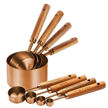 Copper Stainless Steel Measuring Cups and Spoons Set,8 Piece Measuring Cup Set with Wooden Handle and Metric and US Measurements，Copper Polished Finish，for Cooking and Baking in The Kitchen