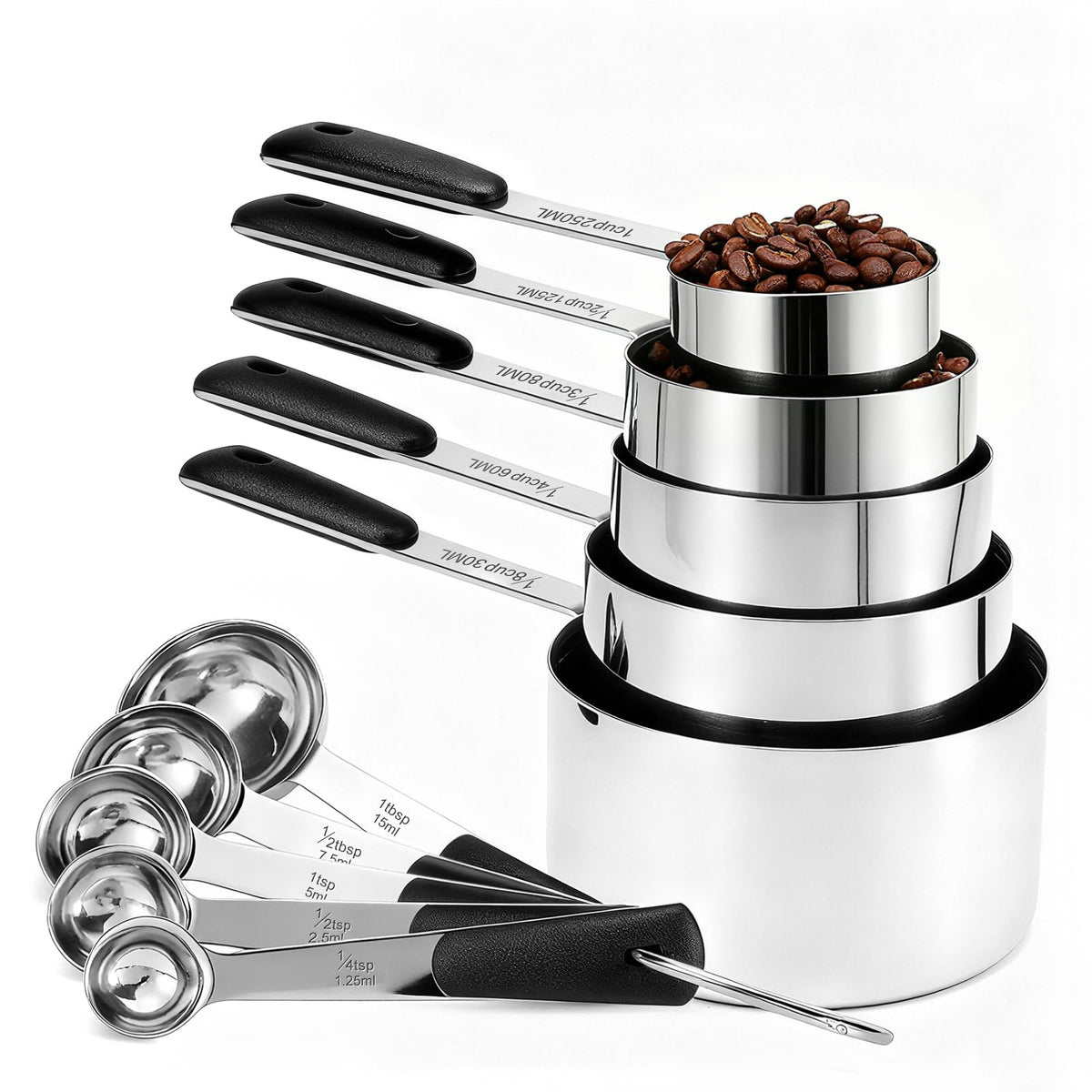 Bopei 10-Pcs Stainless Steel Measuring Cups & Spoons Set, Colorful Handles