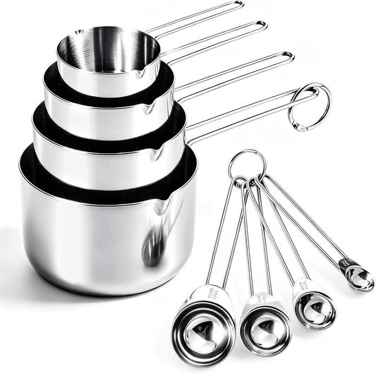 Measuring Cups and Spoons Set 8PCS Silver Stainless Steel