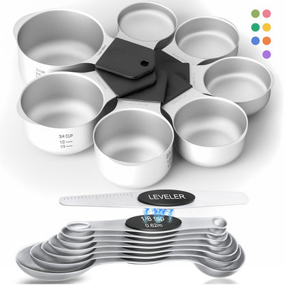 Premium Magnetic Measuring Spoons Set|Strong N52 Magnets|Heavy Duty Stainless Steel|Dual-Sided for Spice Jar & Liquid Measuring|Dishwasher Safe|7 Spoons with Leveler for Baking & Cooking (Colorful)