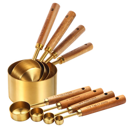 Copper Stainless Steel Measuring Cups and Spoons Set,8 Piece Measuring Cup Set with Wooden Handle and Metric and US Measurements，Copper Polished Finish，for Cooking and Baking in The Kitchen