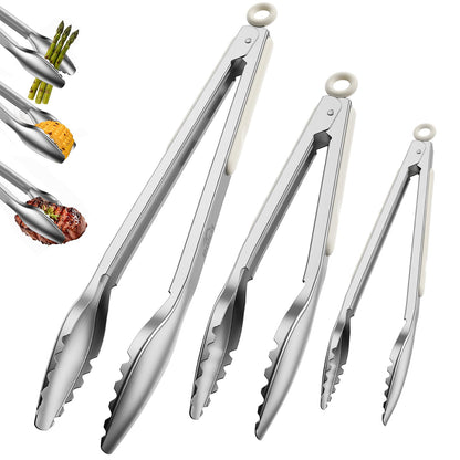Stainless Steel Kitchen Tongs with Teeth Good Grip, Set of 3 Black