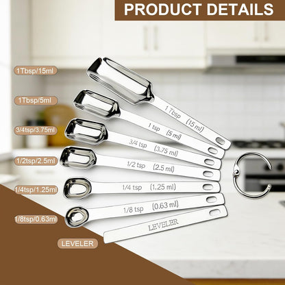 Stainless Steel Teaspoon Measuring Spoons Set of 7 with Leveler