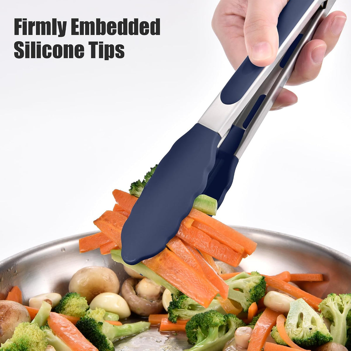 Doosu Kitchen Tongs with Silicone Tips for Cooking Serving (3Pcs, Navy)