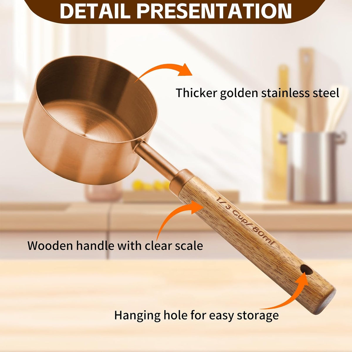 Copper Stainless Steel Measuring Cups and Spoons Set,8 Piece Measuring Cup Set with Wooden Handle and Metric and US Measurements，Copper Polished Finish，for Cooking and Baking in The Kitchen