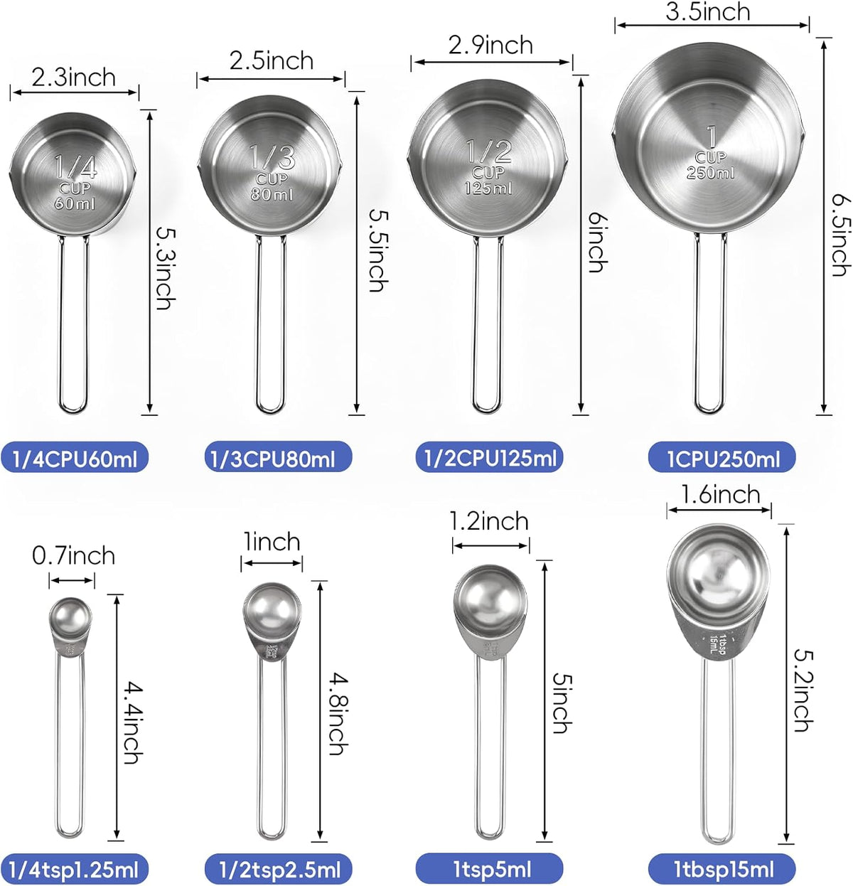 Measuring Cups and Spoons Set 8PCS Silver Stainless Steel