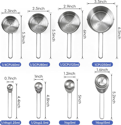 Measuring Cups and Spoons Set 8PCS Silver Stainless Steel