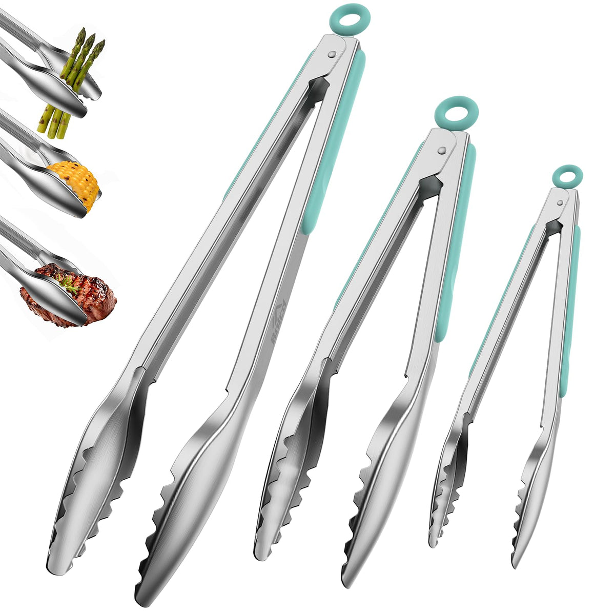 Stainless Steel Kitchen Tongs with Teeth Good Grip, Set of 3 Black