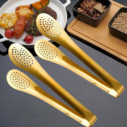 4pcs Gold Buffet Tongs with Drip Holes, 9in Kitchen Food Serving Utensils