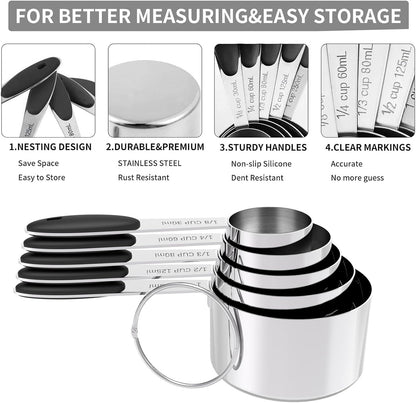 TILUCK Stainless Steel Measuring Cups and Spoons Set with Silicone Handle – Nesting Design for Space-Saving, Heavy Duty & Dishwasher Safe for Dry/Liquid Ingredients, Cooking & Baking (10)