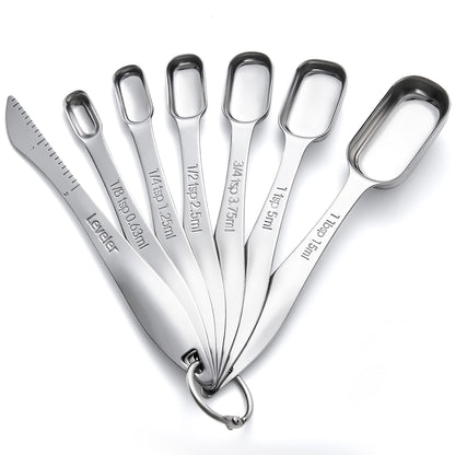 Rainspire Heavy Duty Measuring Spoons Set Stainless Steel, Metal Measuring Cups and Spoons Set for Dry or Liquid, Fits in Spice Jar, Home Gadgets Kitchen Gadgets, Set of 7 Including Leveler
