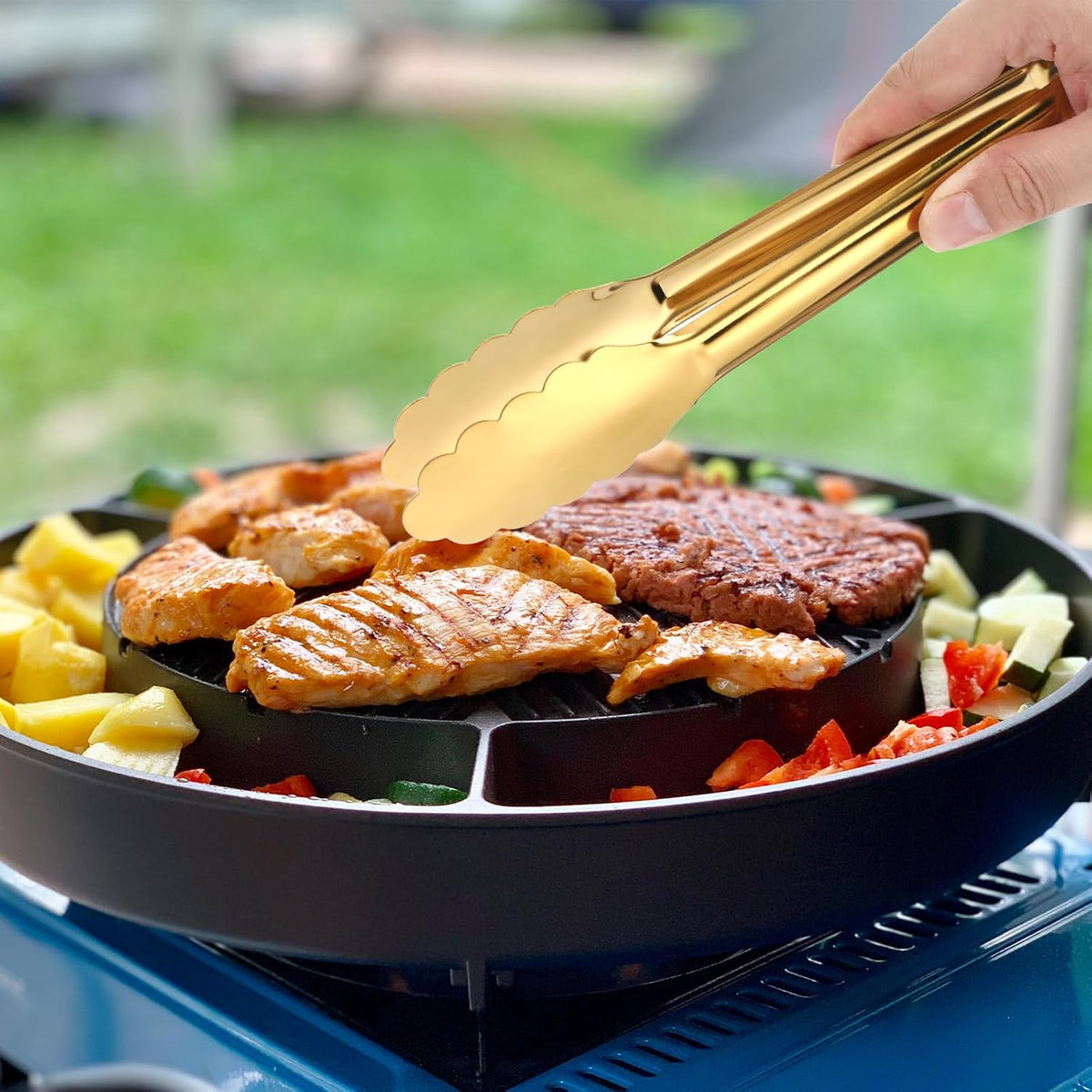 Dimeho 12 Pack Stainless Steel Buffet Tong Gold Serving Tongs 9 Inch Buffet Utensils Heavy Duty Durable Clamps Metal Kitchen Clip for Salad Steak Wedding Party Banquet Gathering