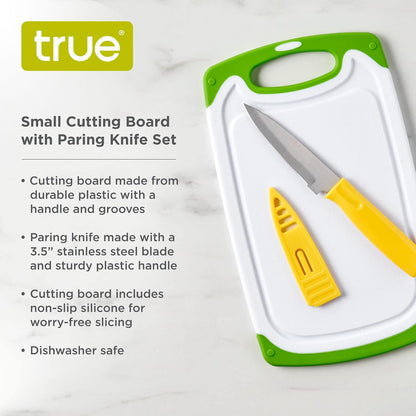 True Small Cutting Board with Stainless Steel Blade Pairing Knife, Non Slip Silicone Grip Plastic Chopping Boards and Knives for Prepping Fruits, Vegetables, Cocktail Ganishes. 2-Piece Set