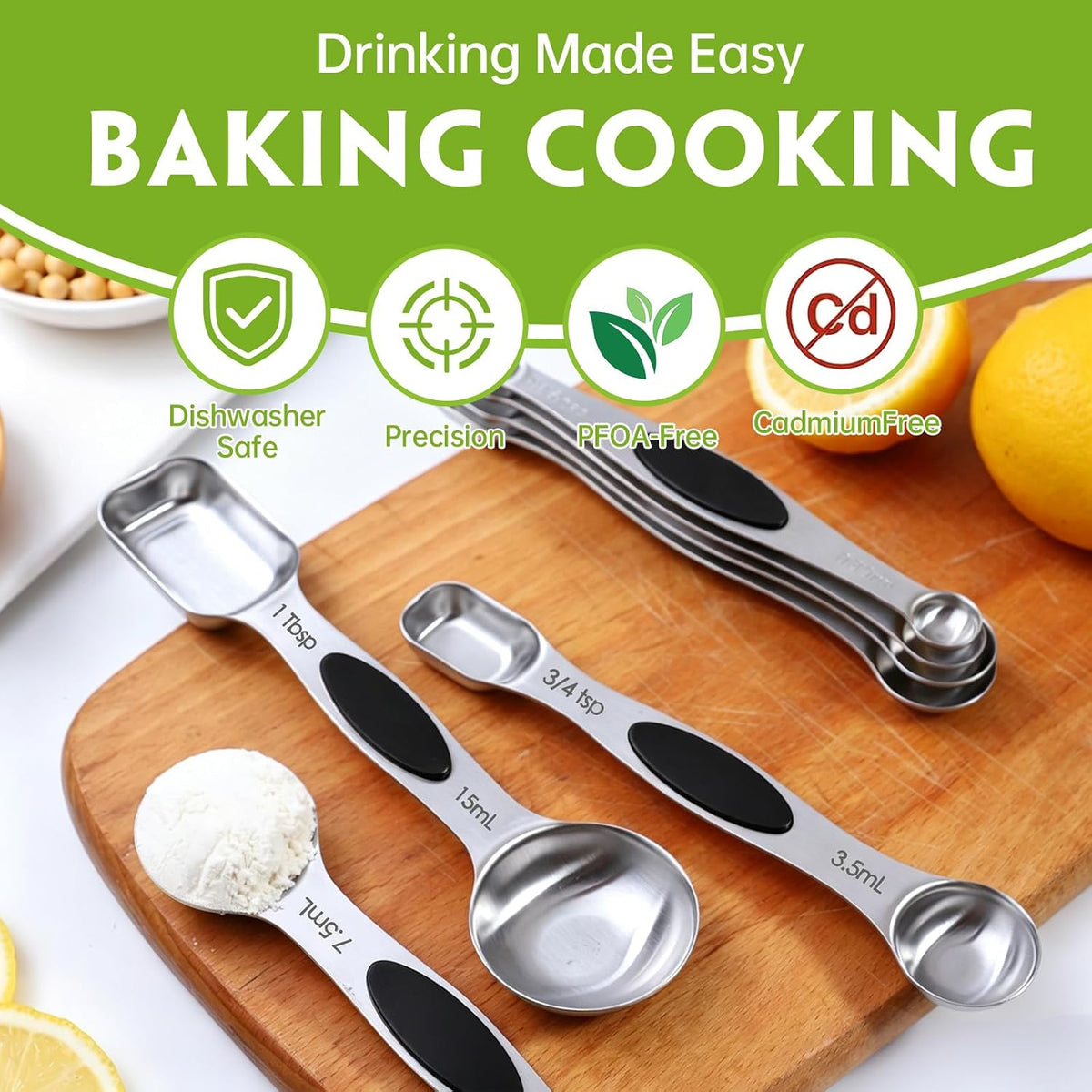 Measuring Spoons,Magnetic Measuring Spoons Set,304 Stainless Steel 7 Double Side Measuring Spoons Set and 1 Leveler with Strong N45 Magnetss,Heavy Duty Metal Kitchen Gadgets for Baking & Cooking