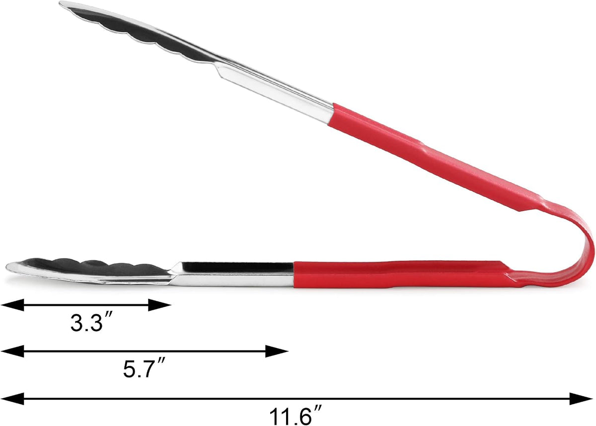New Star Foodservice 12 Inch Utility Spring Tongs, Set of 12, Commercial Restaurant Grade Stainless Steel Tongs with Red Vinyl Coated Handles