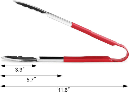 New Star Foodservice 12 Inch Utility Spring Tongs, Set of 12, Commercial Restaurant Grade Stainless Steel Tongs with Red Vinyl Coated Handles