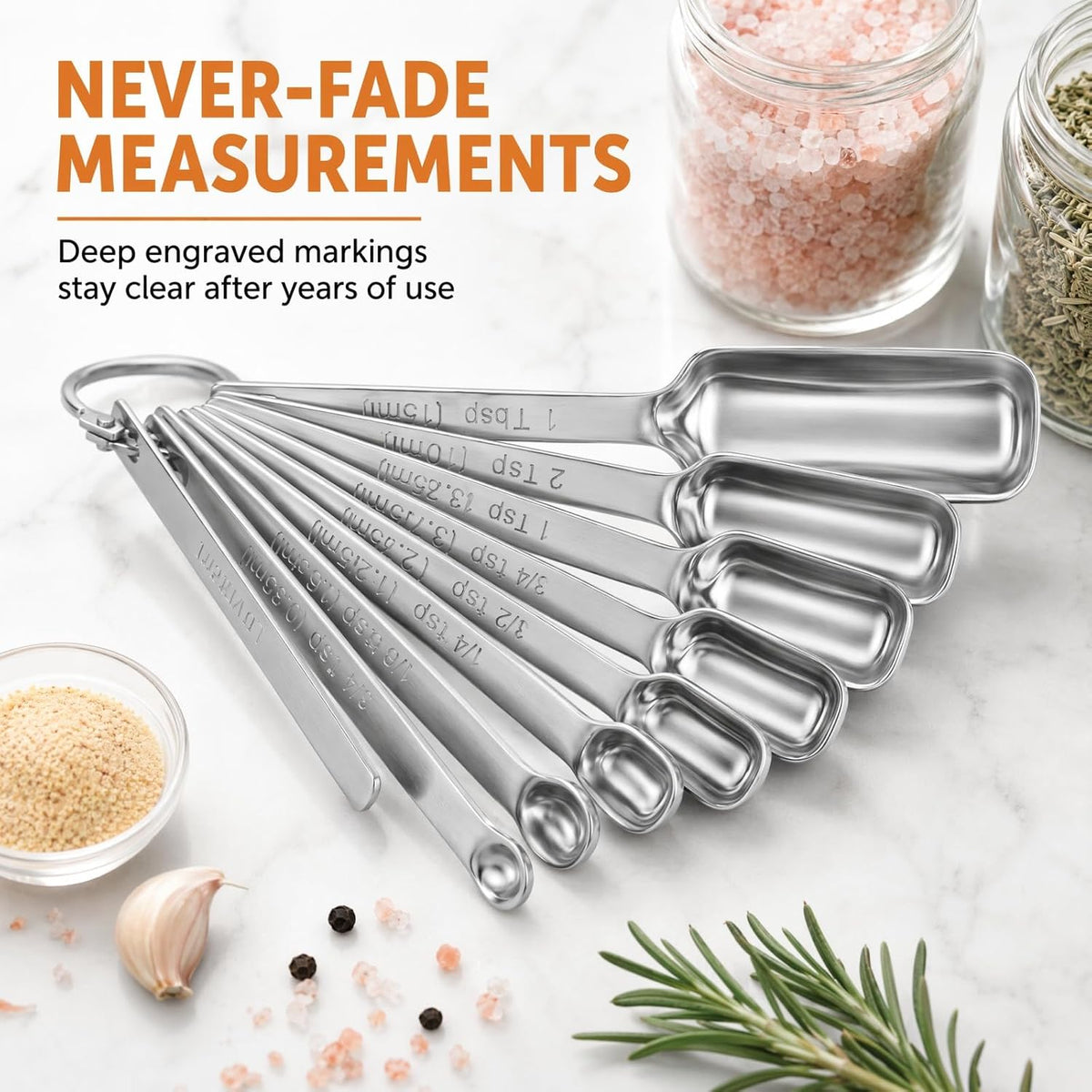 Stainless Steel Measuring Spoons Set of 14 with Leveler, Rectangular Teaspoon & Tablespoon Measuring Spoons for Dry & Liquid Ingredients, Slim Design Fits in Spice Jars