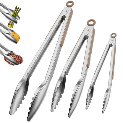 Stainless Steel Kitchen Tongs with Teeth Good Grip, Set of 3 Black