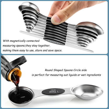 Magnetic Measuring Spoons Set of 9 Stainless Steel Dual Sided Teaspoon