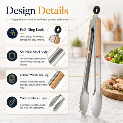 2 Pack Kitchen Tongs, 9" & 12" Stainless Steel Tongs with Wood Handles