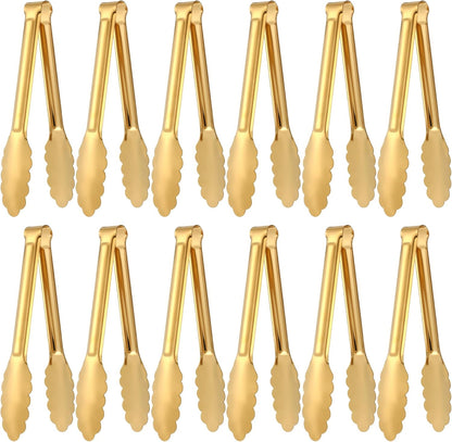 Dimeho 12 Pack Stainless Steel Buffet Tong Gold Serving Tongs 9 Inch Buffet Utensils Heavy Duty Durable Clamps Metal Kitchen Clip for Salad Steak Wedding Party Banquet Gathering