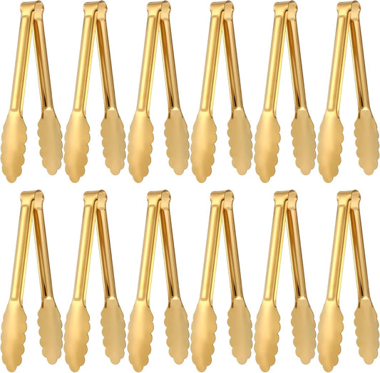 Dimeho 12 Pack Stainless Steel Buffet Tong Gold Serving Tongs 9 Inch Buffet Utensils Heavy Duty Durable Clamps Metal Kitchen Clip for Salad Steak Wedding Party Banquet Gathering