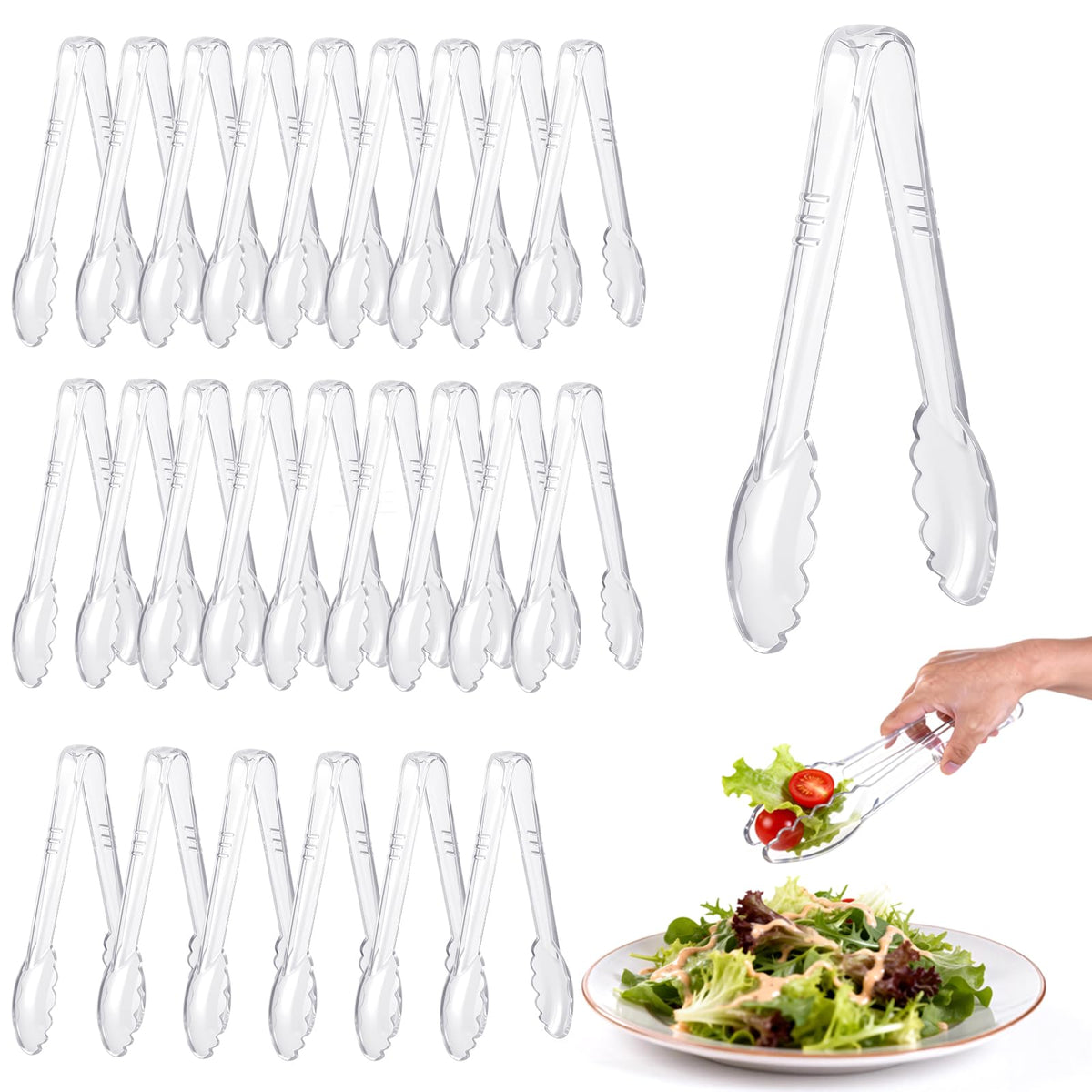 Mwellewm 24 Pc Plastic Tongs for Serving 9 Inch Bulk Reusable or Disposable Tongs Heavy Duty Hard Serving Utensils Set Large Salad Tong for Kitchen Party Food Buffet Appetizer BBQ Event Catering Black