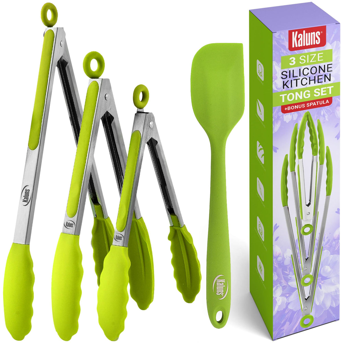 Kaluns Kitchen Tongs for Cooking Grilling Set of 4, BBQ Grill Tongs With Silicone Tip Stainless Steel Heat Resistant, Non-stick Pull Lock, Incl 7, 9, 12 Inch Tong Plus a Silicone Spatula