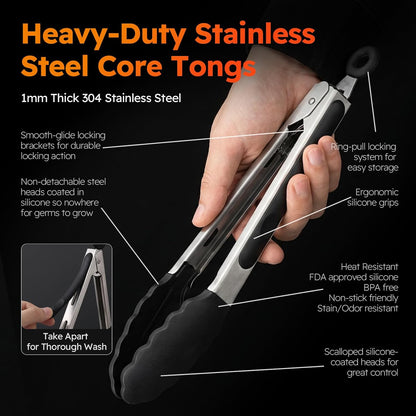 HST Tongs for Cooking with Silicone Tips 3 Pack, Kitchen Tongs (9", Black)