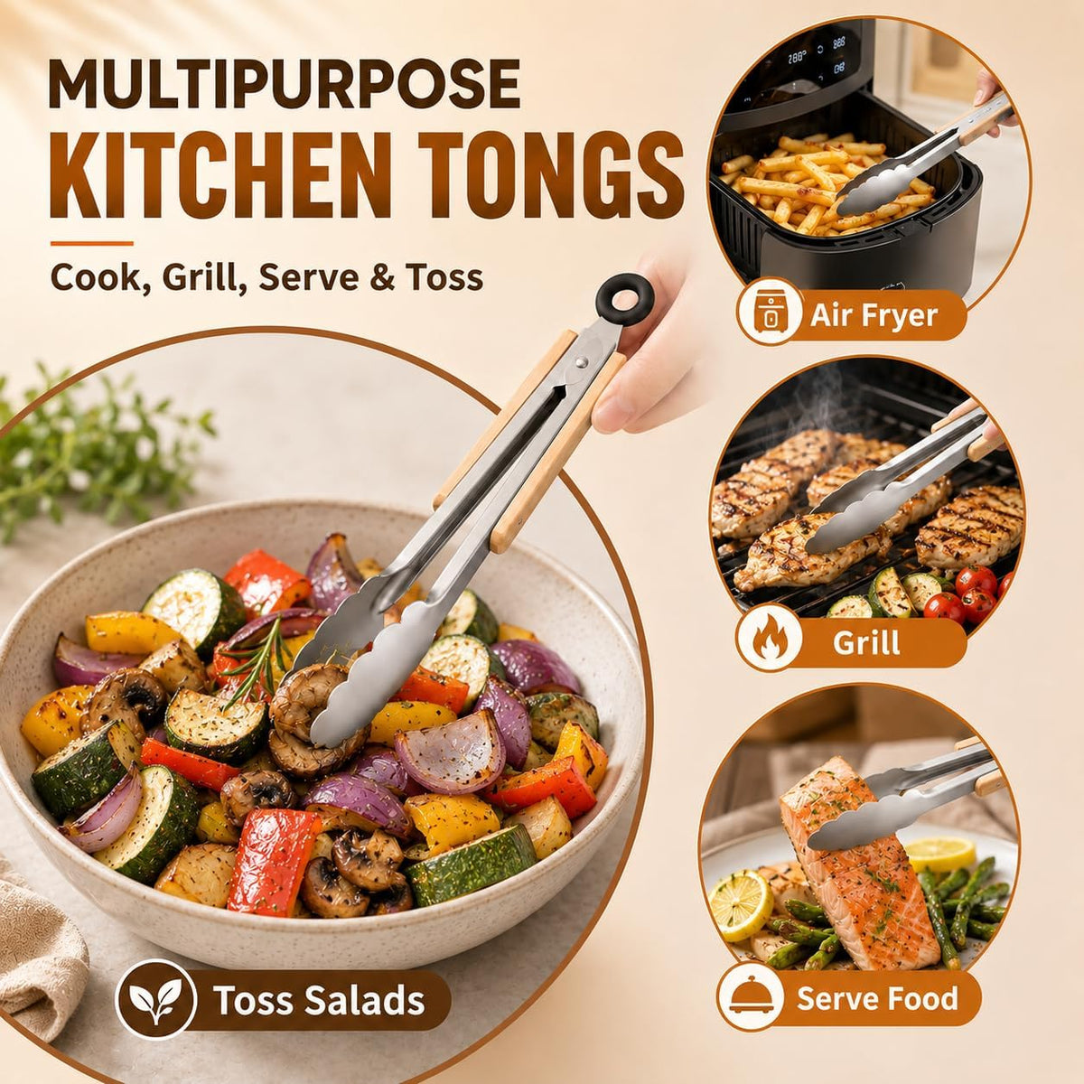 2 Pack Kitchen Tongs, 9" & 12" Stainless Steel Tongs with Wood Handles