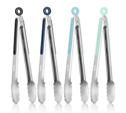 Tongs for Cooking, 9-Inch Stainless Steel Kitchen Tongs, Locking Metal Food Tongs with Silicone Non-Slip Grip, Kitchen Utensils for Food, Salad and Outdoor BBQ (Set of 4)