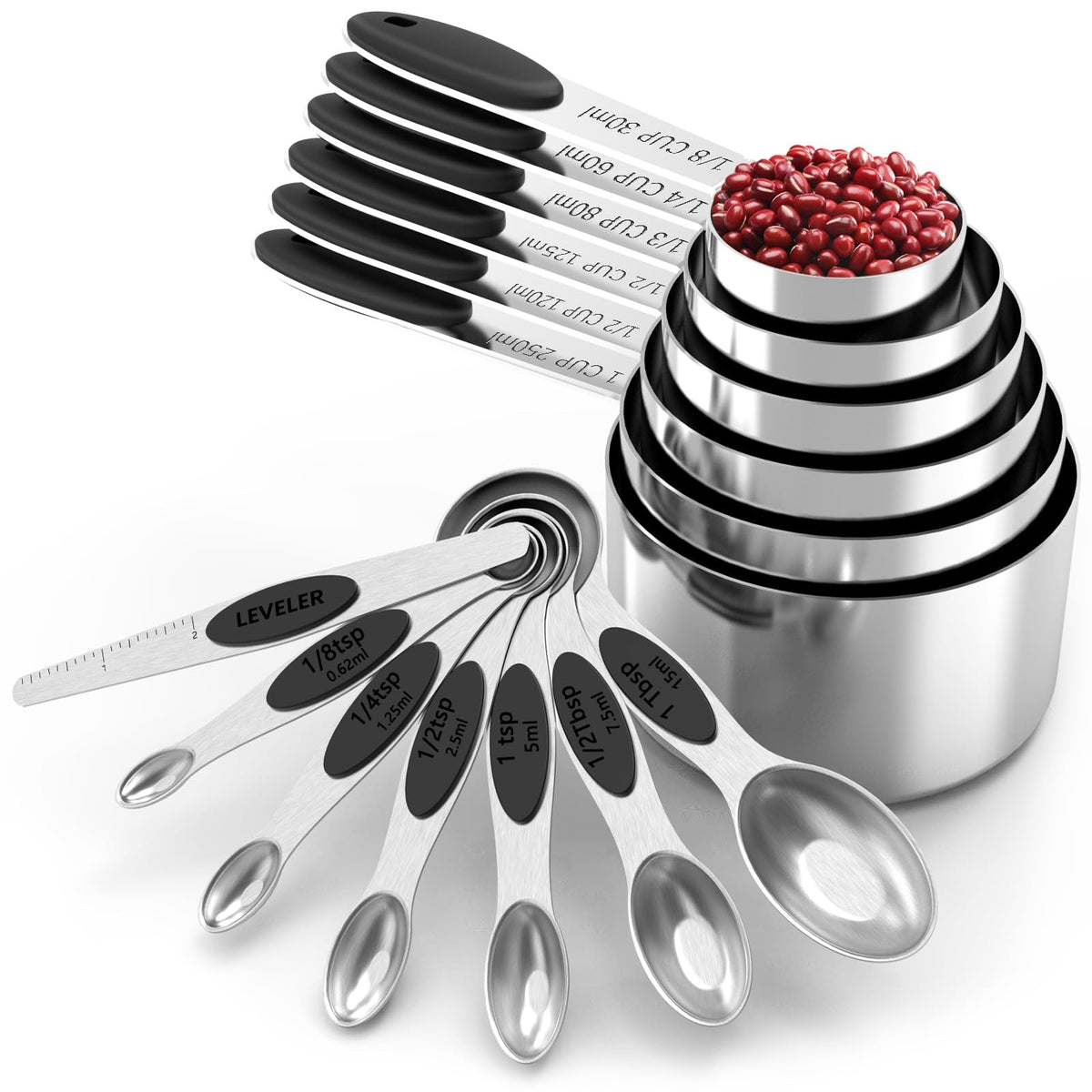 TILUCK Stainless Steel Measuring Cups and Spoons Set with Silicone Handle – Nesting Design for Space-Saving, Heavy Duty & Dishwasher Safe for Dry/Liquid Ingredients, Cooking & Baking (10)