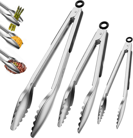 Stainless Steel Kitchen Tongs with Teeth Good Grip, Set of 3 Black