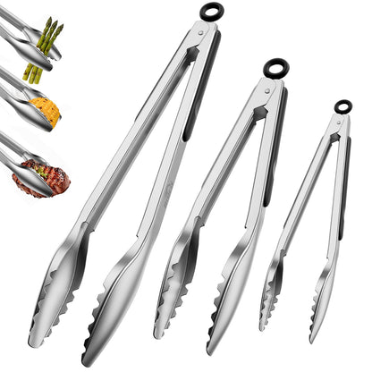 Stainless Steel Kitchen Tongs with Teeth Good Grip, Set of 3 Black