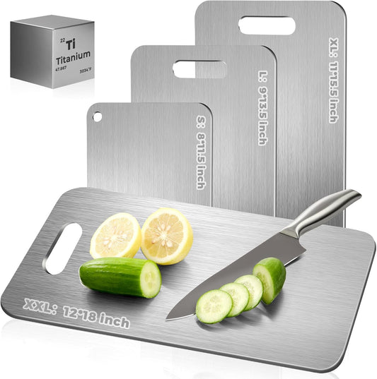 Katori Titanium Cutting Board - Upgraded 100% Pure Titanium Cutting Boards for Kitchen Non Toxic, Double Sided Food Grade Hygiene Non Moldy Dishwasher Safe Meat Fruit Metal Board (3PC S+L+XL)