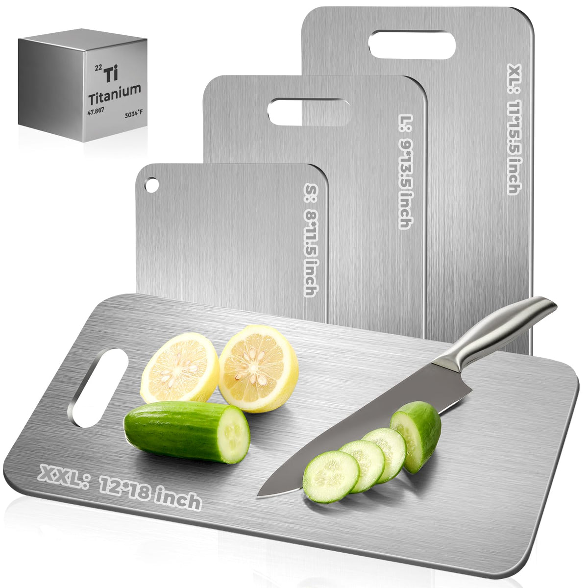 Katori Titanium Cutting Board - Upgraded 100% Pure Titanium Cutting Boards for Kitchen Non Toxic, Double Sided Food Grade Hygiene Non Moldy Dishwasher Safe Meat Fruit Metal Board (3PC S+L+XL)
