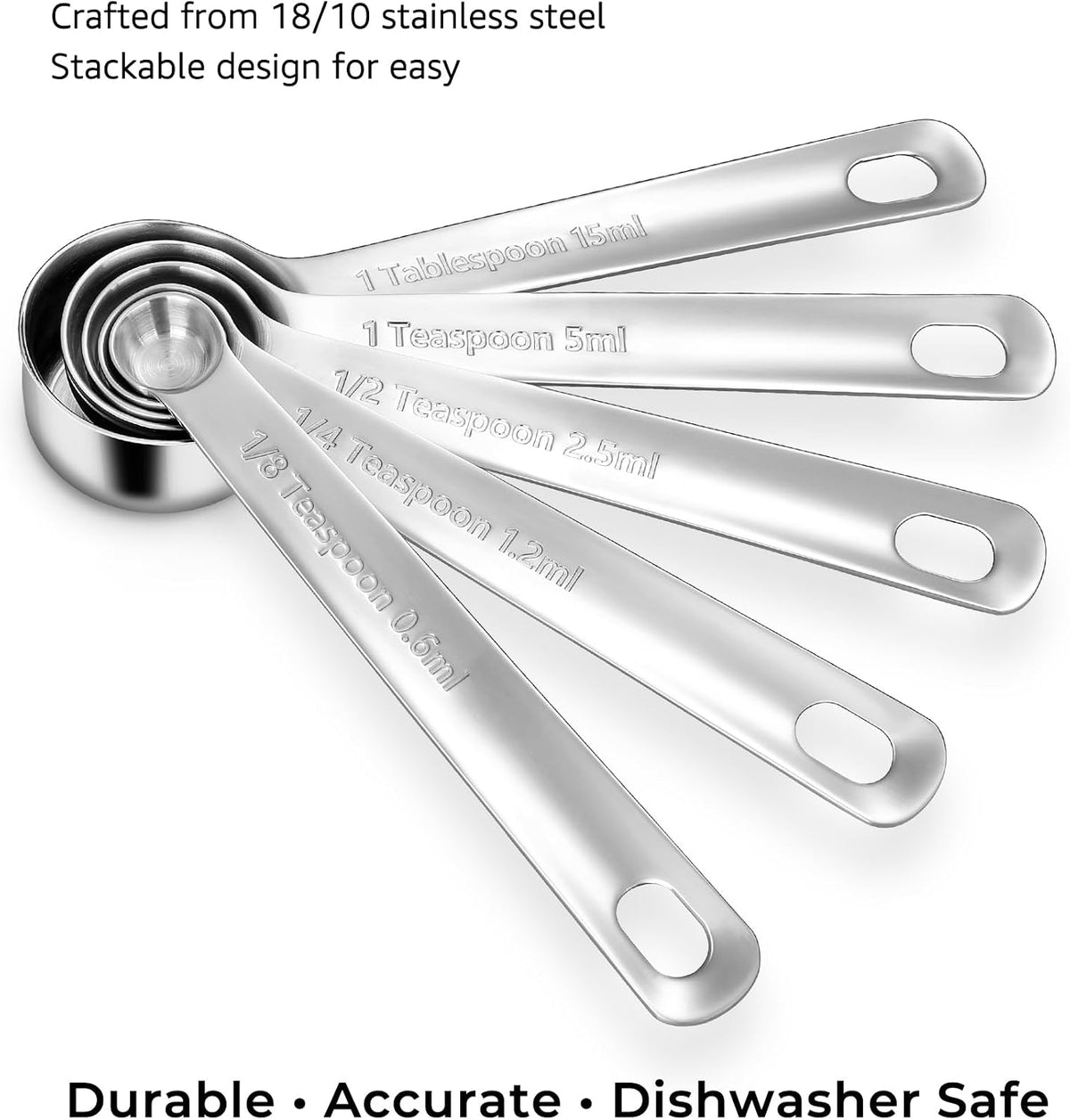 KEAWELL Premium 18/10 Measuring Spoons Set (Silver, 5PC Measuring Spoons)
