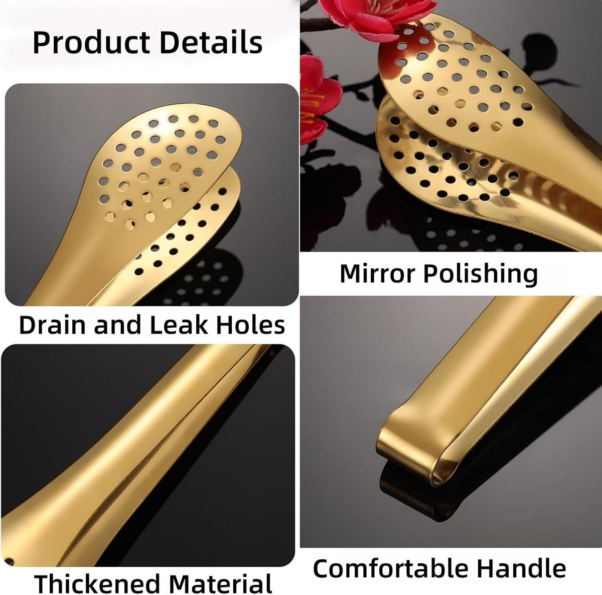 4pcs Gold Buffet Tongs with Drip Holes, 9in Kitchen Food Serving Utensils