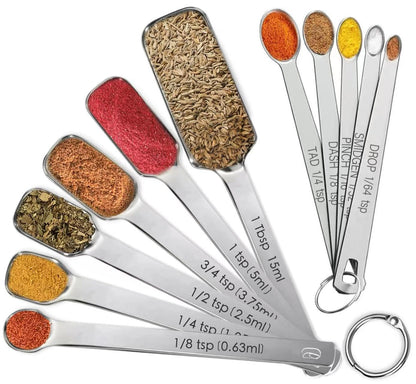 Stainless Steel Measuring Spoons Set of 14 with Leveler, Rectangular Teaspoon & Tablespoon Measuring Spoons for Dry & Liquid Ingredients, Slim Design Fits in Spice Jars